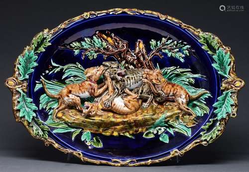 A Sarreguimines majolica plaque, pre 1881, modelled in high ...