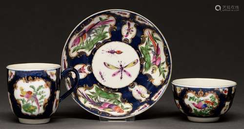 A Worcester scale blue ground trio, c1770, painted with '...