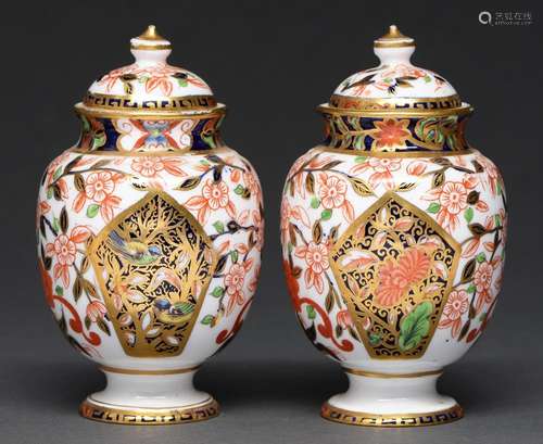 A pair of Crown Derby Japan pattern oviform vases and covers...