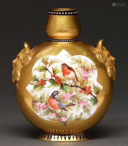 A Coalport gilt ground vase, c1885, of flask shape with mask...