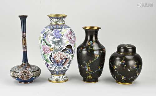 Four cloisonné vases, H 19 - 31 cm.