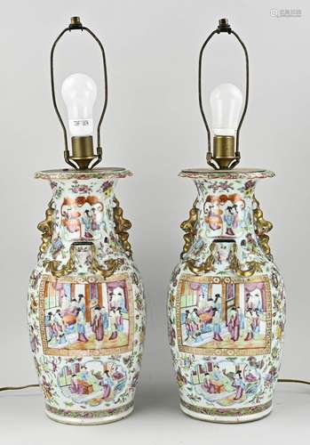 Two Chinese/Cantonese vase lamps, H 46 cm.