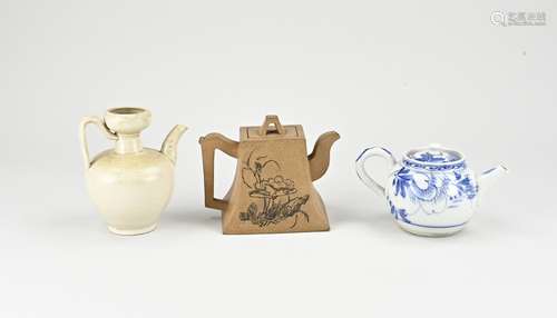 Three Chinese jugs, H 10 - 13 cm.