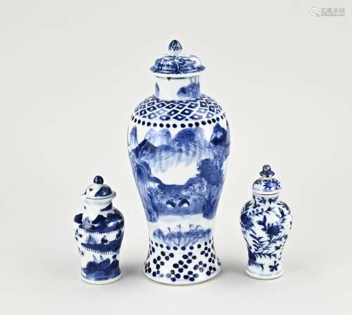 Three Chinese lidded vases, H 10 - 21 cm.