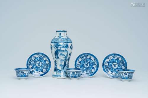 A Chinese blue and white vase and three cups and saucers, Ka...