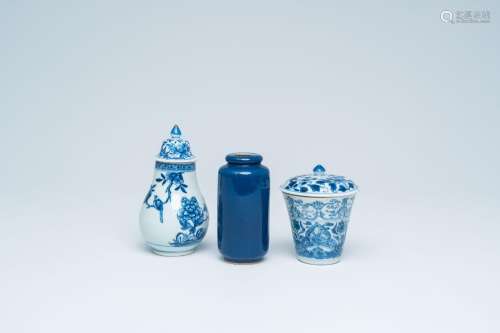A Chinese blue and white covered cup, a covered vase and a s...