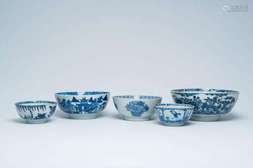 Five Chinese blue and white bowls with floral and figurative...