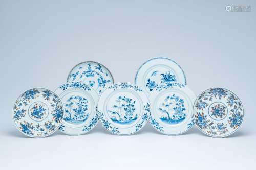 Seven Chinese blue and white plates with floral design, Kang...