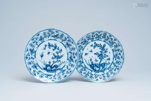 Two lobed Chinese blue and white plates with a bird and butt...