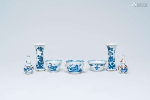 Three Chinese blue and white bowls and four small vases, Kan...