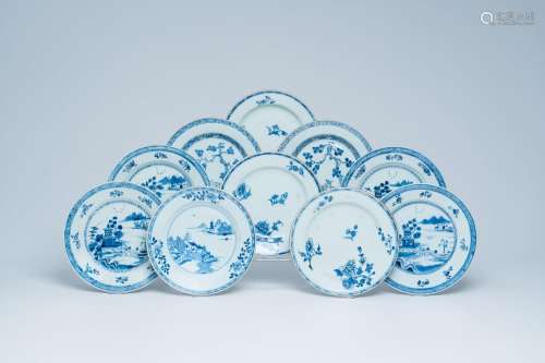 Ten various Chinese blue and white plates with landscapes, d...