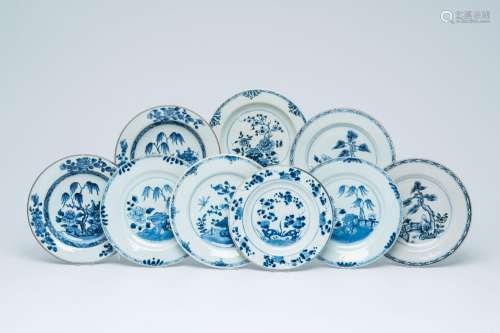 Nine Chinese blue and white plates with floral design, Yongz...