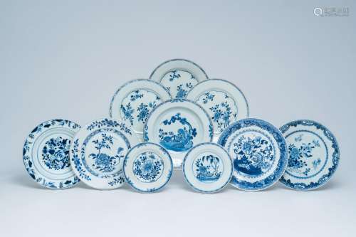 Ten Chinese blue and white plates with floral design and lan...