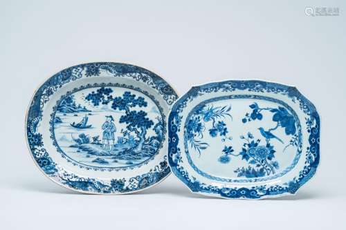 Two Chinese blue and white chargers with a figure in a lands...