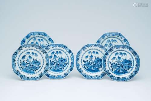 Six octagonal Chinese blue and white plates with antiquities...