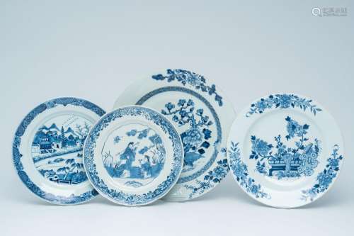 Four Chinese blue and white plates and chargers with Magu, a...