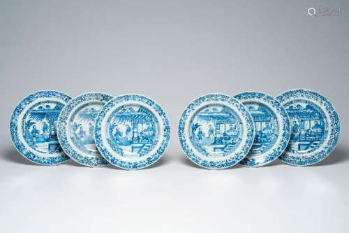 Six Chinese blue and white 'Xi Xiang Ji' plates, Qianlong<br...