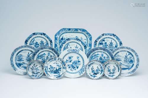A varied collection of Chinese blue and white plates and cha...
