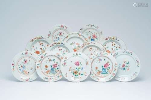 Twelve Chinese famille rose plates with floral design, Qianl...