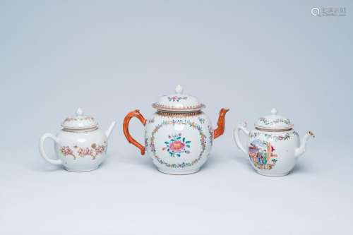 Three Chinese famille rose teapots and covers with floral an...