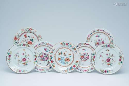 Seven Chinese famille rose plates with floral design, Qianlo...