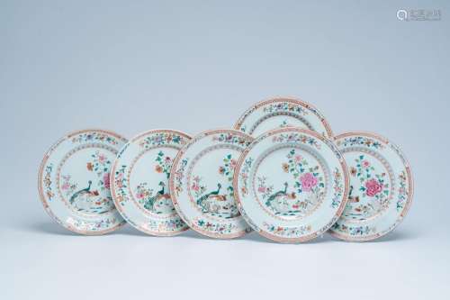 Six Chinese famille rose dishes with pheasants among blossom...