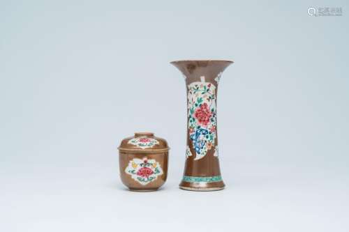 A Chinese famille rose vase and a covered bowl with floral d...