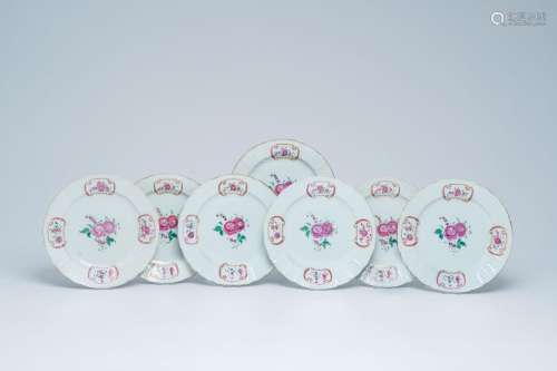 Seven Chinese famille rose plates with floral and bianco-sop...