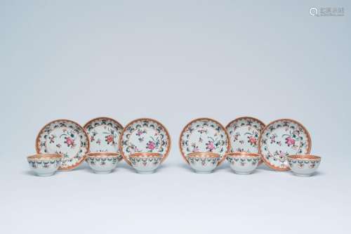 Six Chinese famille rose cups and saucers with floral design...