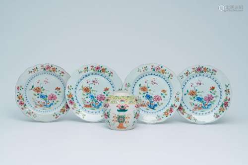 Four Chinese famille rose plates and a jar with floral desig...