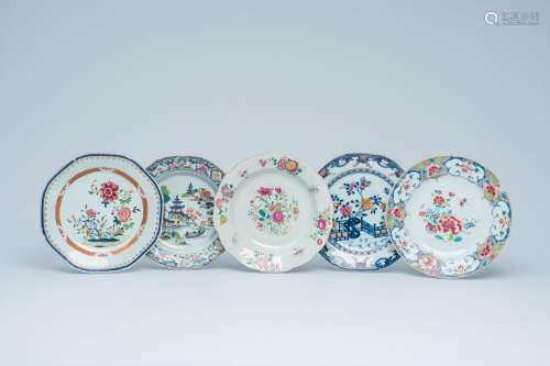 Five Chinese famille rose plates with landscapes and floral ...