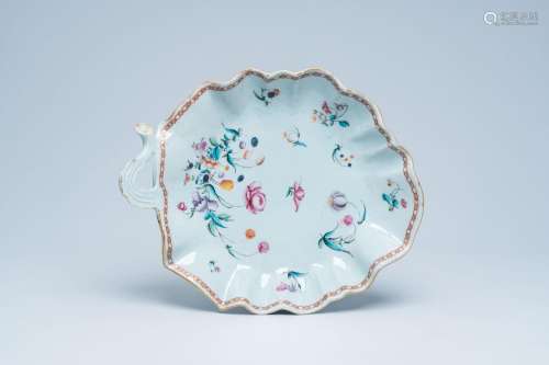 A Chinese leaf-shaped famille rose charger with floral desig...