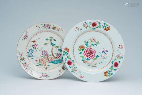Two Chinese famille rose chargers with floral design, Qianlo...