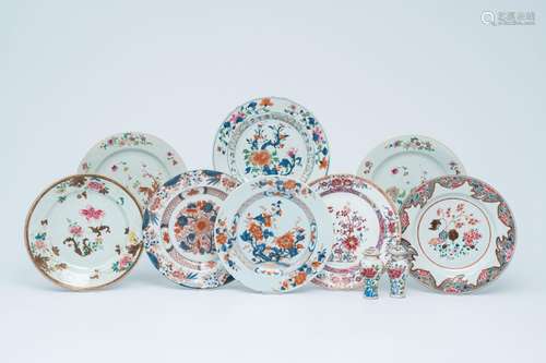 Eight Chinese famille rose and Imari-style plates and a pair...