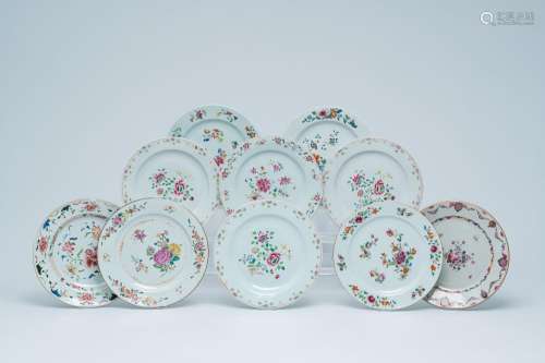 Ten Chinese famille rose plates with floral design, Qianlong...