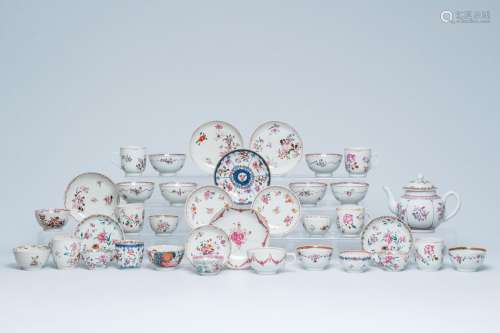 A varied collection of Chinese famille rose cups, saucers an...