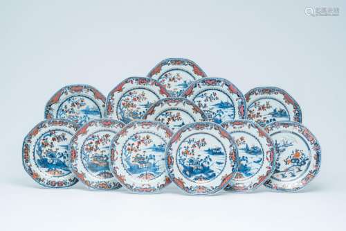 Twelve octagonal Chinese famille rose plates with an animate...