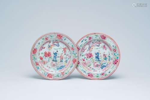 A pair of Chinese famille rose plates with figures and phoen...