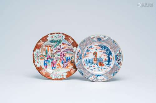 Two Chinese famille rose and Imari-style plates with figures...