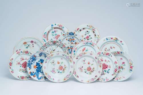 Thirteen Chinese famille rose and Imari style plates with fl...