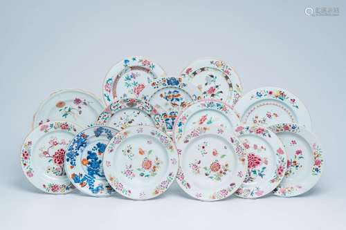 Thirteen Chinese famille rose and Imari style plates with fl...