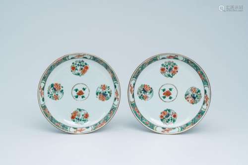 A pair of Chinese famille verte dishes with fish and floral ...