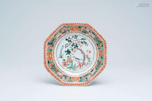 An octagonal Chinese famille verte plate with birds among bl...