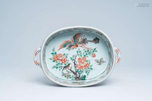A Chinese famille verte basin with a phoenix, birds and butt...