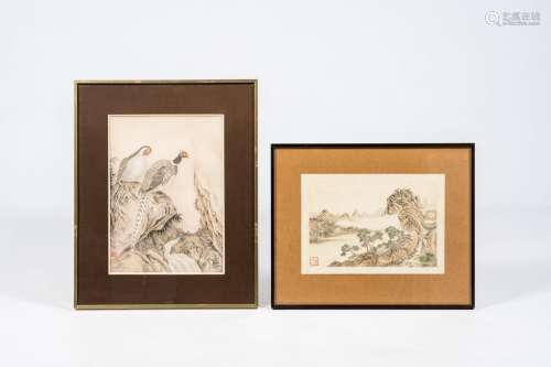 Chinese school: Two silver pheasants by a waterfall and an i...