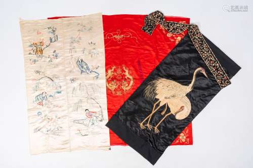 Four Chinese textiles, mostly silk embroideries, 19th/20th C...