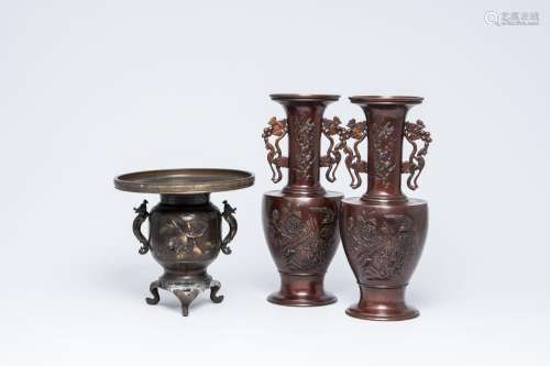 Three Japanese patinated bronze vases with a tiger between b...