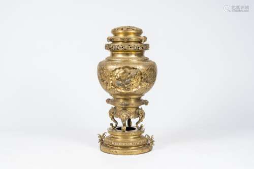 An impressive Japanese brass incense burner or koro with rel...