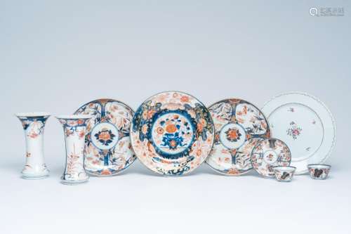 Eight Japanese Imari pieces and a Chinese famille rose plate...