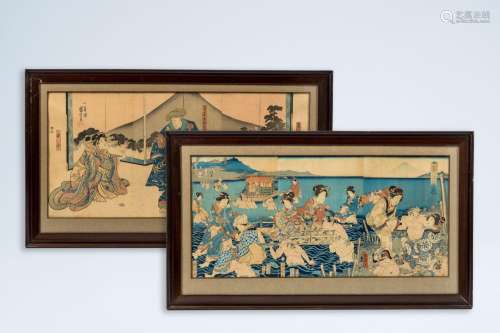 Two Japanese Ukiyo-e woodblock triptychs, 19th C.<br />
Each...